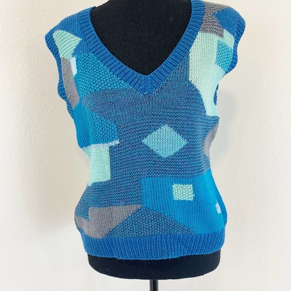 VINTAGE Neiman Marcus “Trophy Room” Blue and Gray Patterned Sweater Vest - Picture 1 of 6